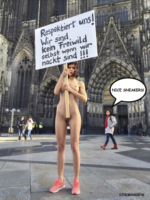 Milo Moiré, Swiss conceptual performance artist protests against sexual assault in Cologne.